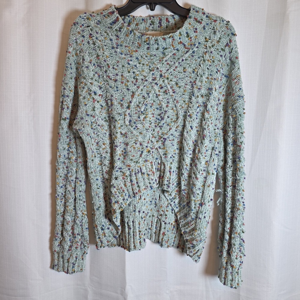 Altar'd State Mint Green Confetti Knit Sweater Womens L Cropped Ruffle Hem Boho